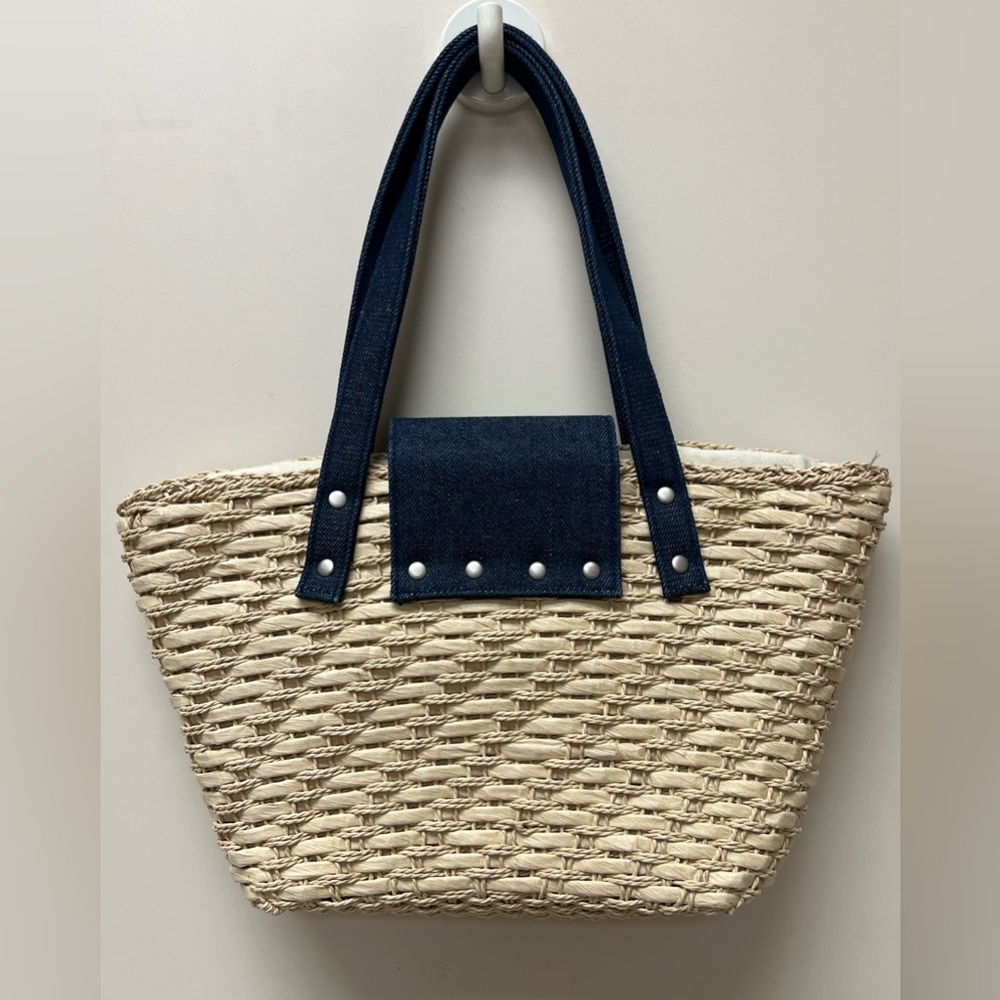 Kenneth Cole Reaction Denim and Straw Satchel, EUC - Picture 2 of 11